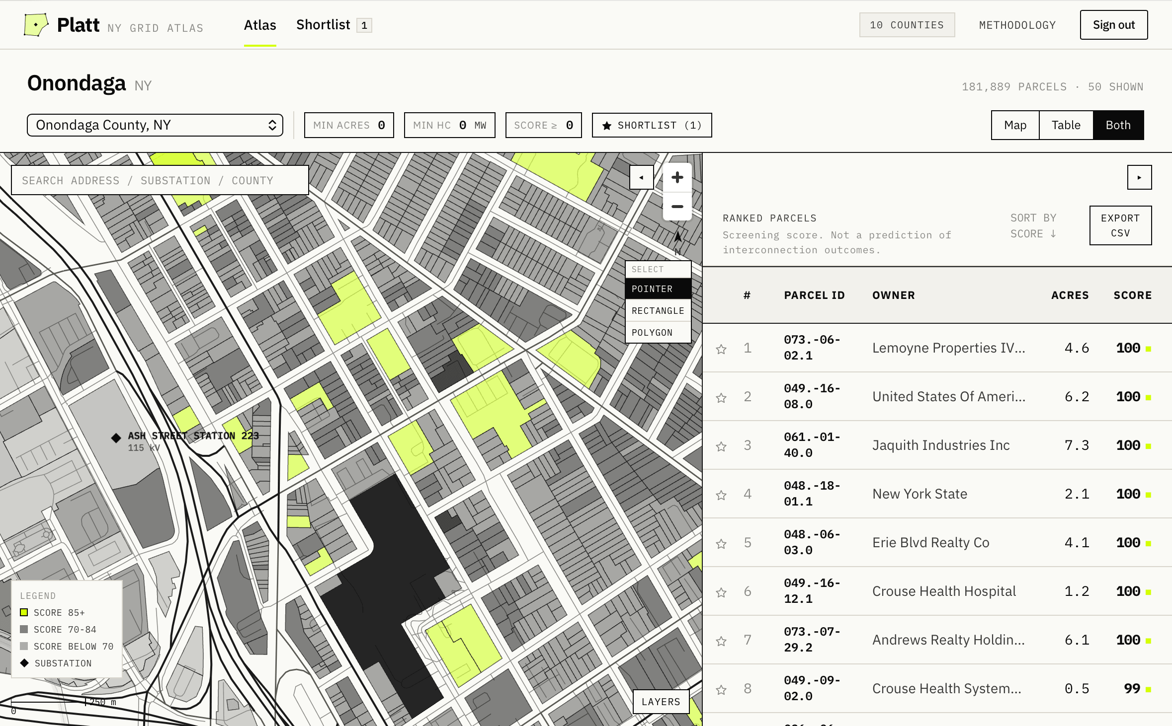 Platt atlas screenshot: an Onondaga County street-level map with parcel footprints shaded by screening score, a substation marker, a score legend, and a ranked parcel table beside the map