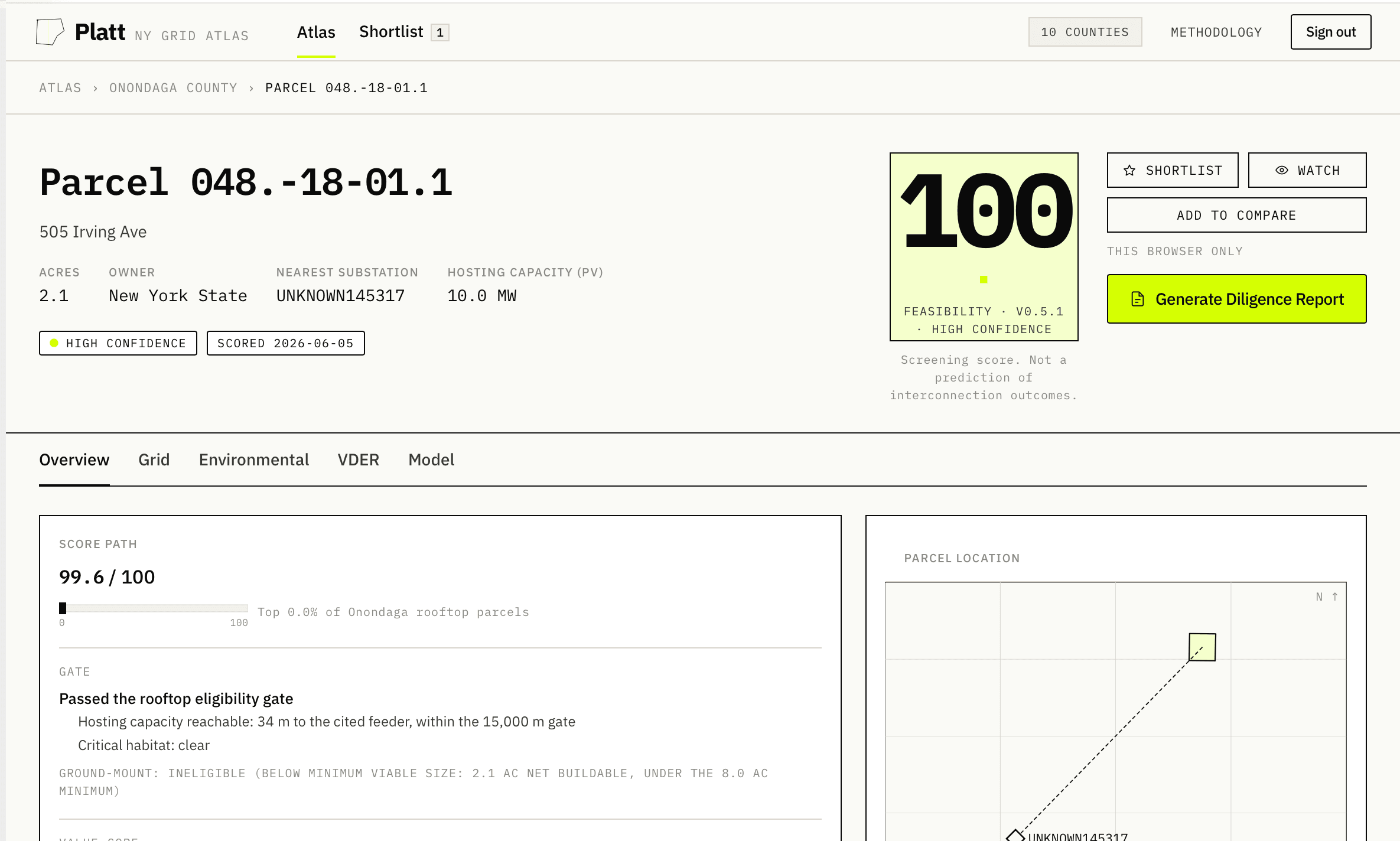 Platt parcel page screenshot: a rooftop parcel scoring 100 with high confidence, showing the score path, the eligibility-gate verdict, and the parcel location map
