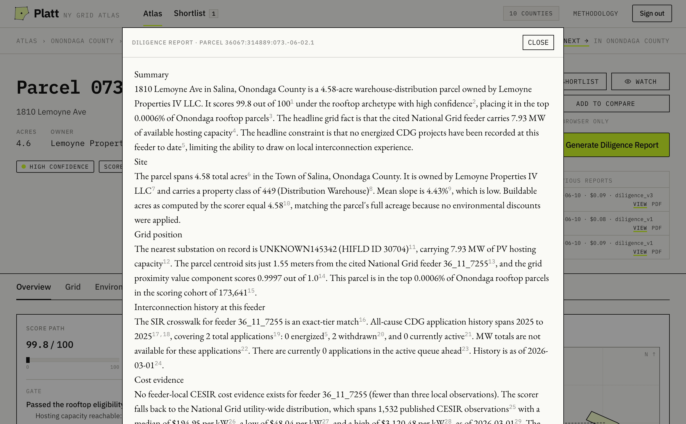 Platt diligence report screenshot: a generated report with summary, site, grid position, interconnection history, and cost evidence sections, each sentence carrying inline citations